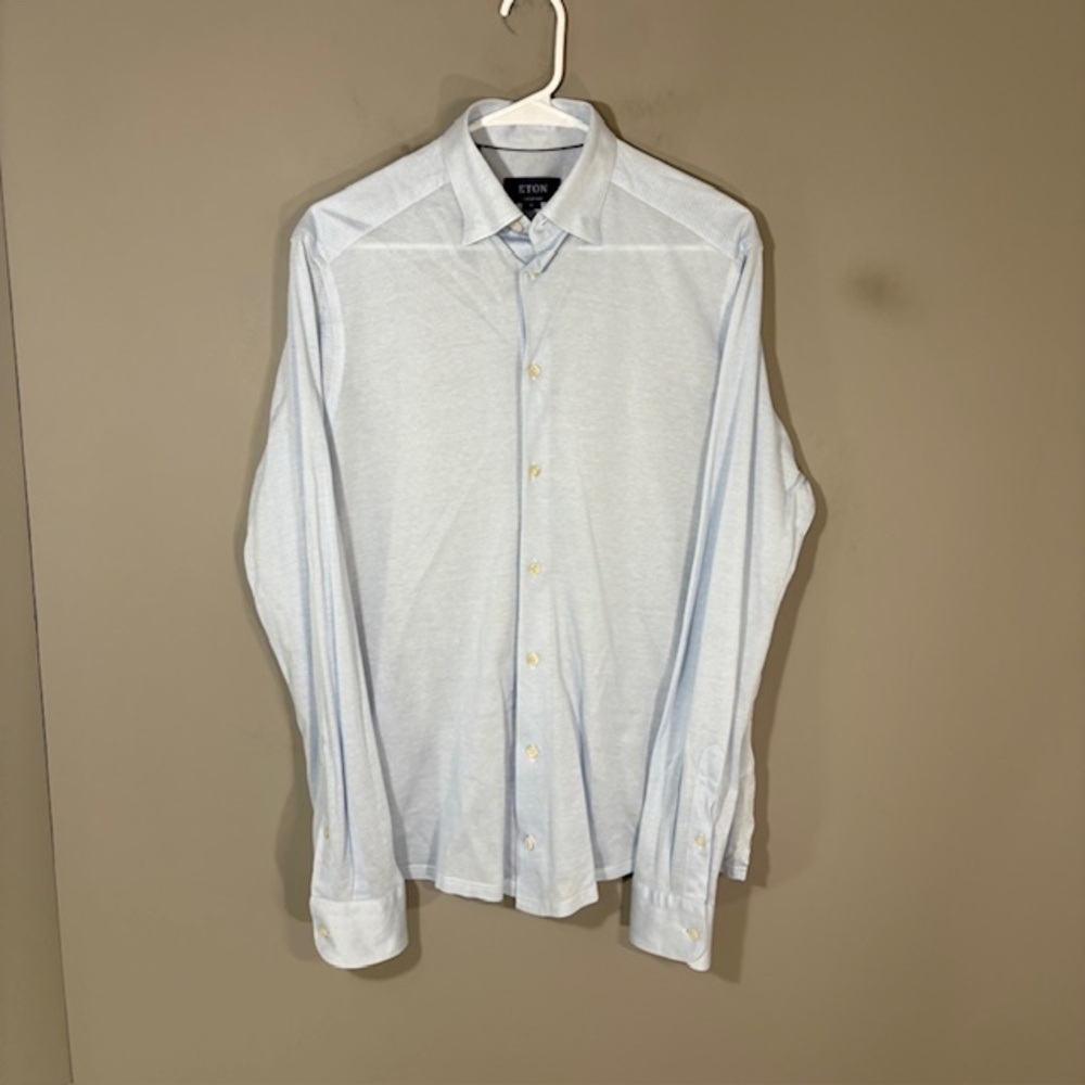 Eton Shirt Mens Medium Blue Solid Long Sleeve Button Up Knit Pique Cotton